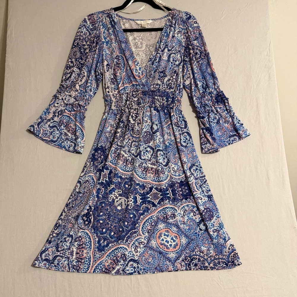 Boston Proper Blue & Pink Paisley Fit N Flare Dress Sz S Flounce Sleeve